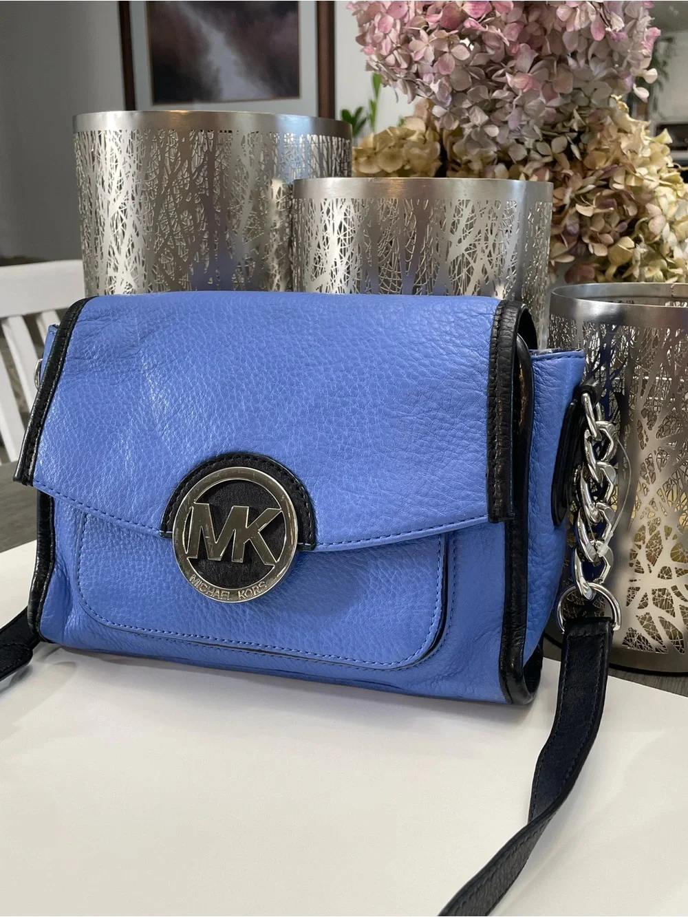 Michael Kors Blue Leather Crossbody Bag MK Logo Flap Chain Strap Shoulder